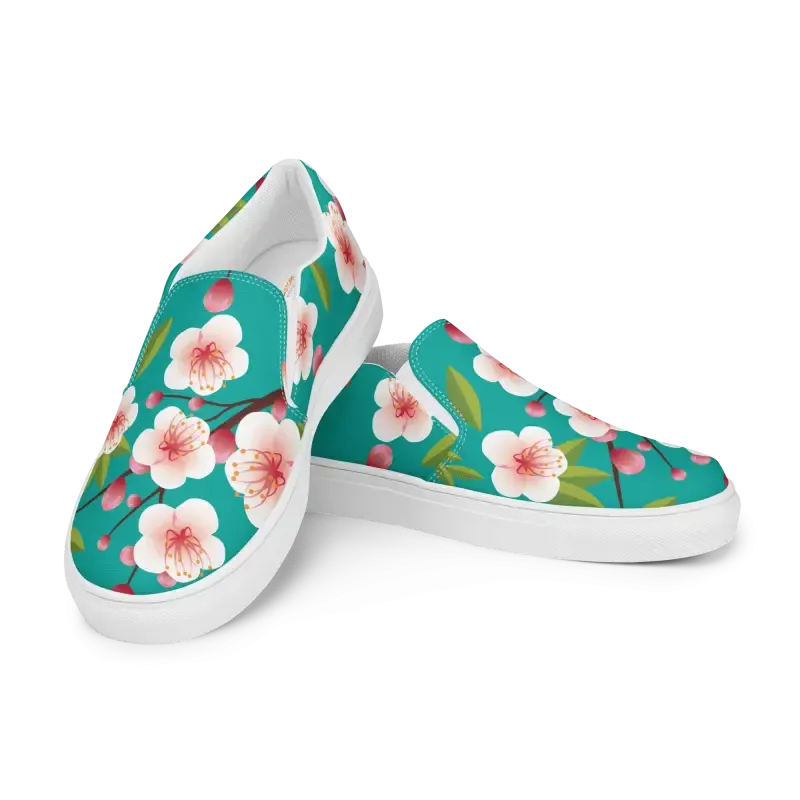 Blue Flowers on Womens Slip on Canvas Shoes