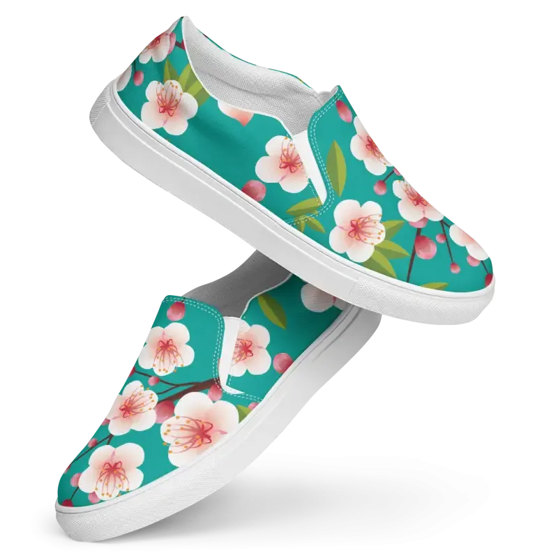 Blue Flowers on Womens Slip on Canvas Shoes