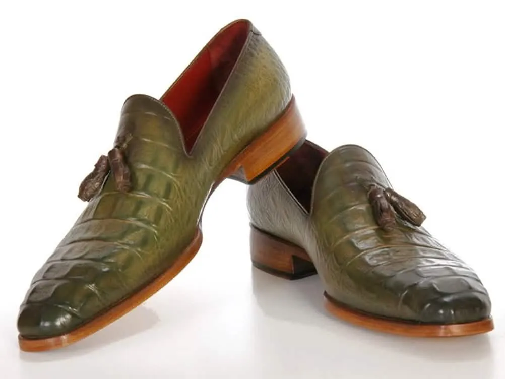 Men's Premium Green Crocodile-Embossed Calfskin Tassel Loafers