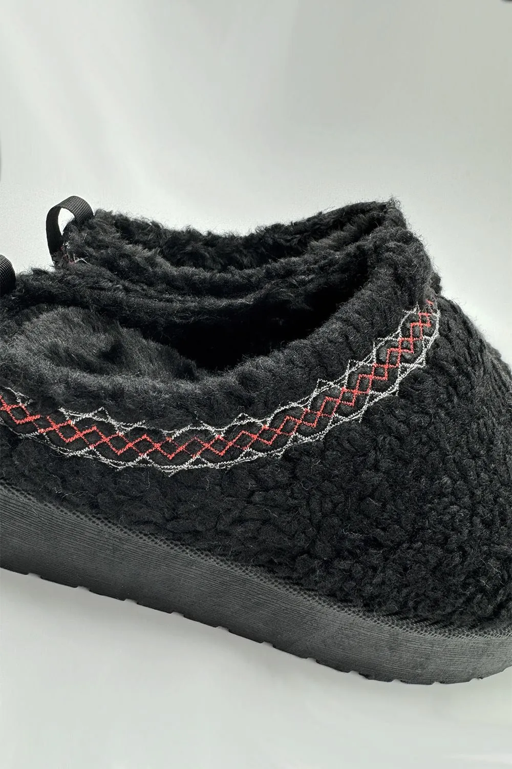 Ovellas Teddy Fabric Flatform Cosy Slippers in Black
